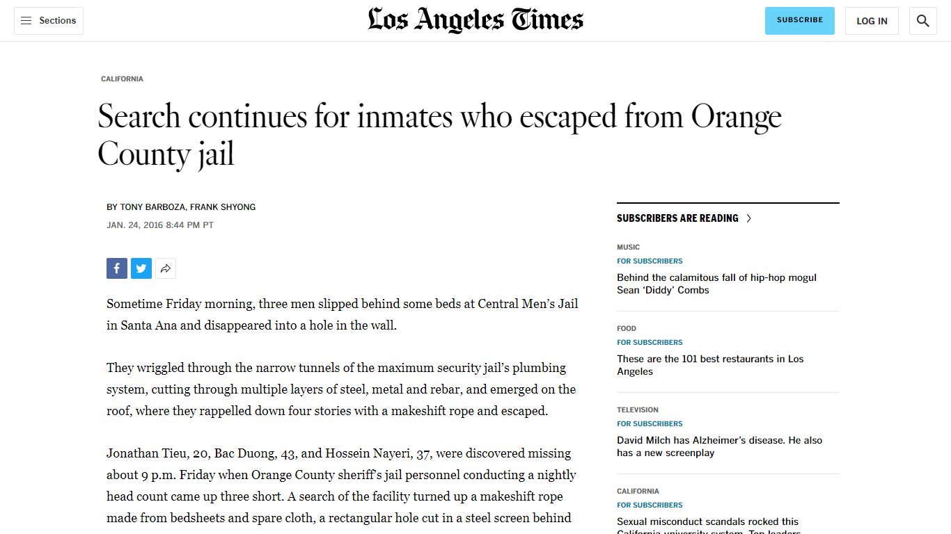 Search continues for inmates who escaped from Orange County jail